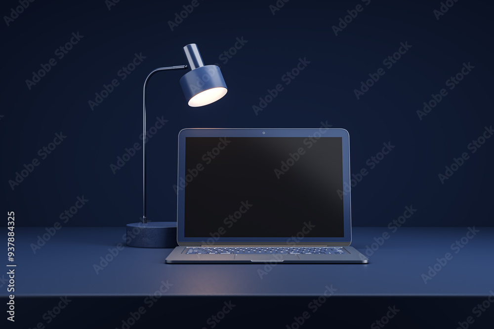 Poster laptop and desk lamp on a blue desk in a dark room. 3d rendering