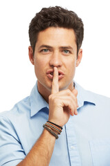 Model, portrait and finger with hush, studio and silence for mystery announcement. Man, gossip and secret with rumor, whisper and emoji gesture for news or noise with privacy on white background