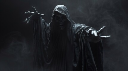 Grim reaper reaches towards the camera in a foggy scene