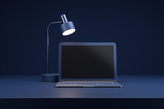 Laptop and Desk Lamp on a Blue Desk in a Dark Room. 3D Rendering - Powered by Adobe