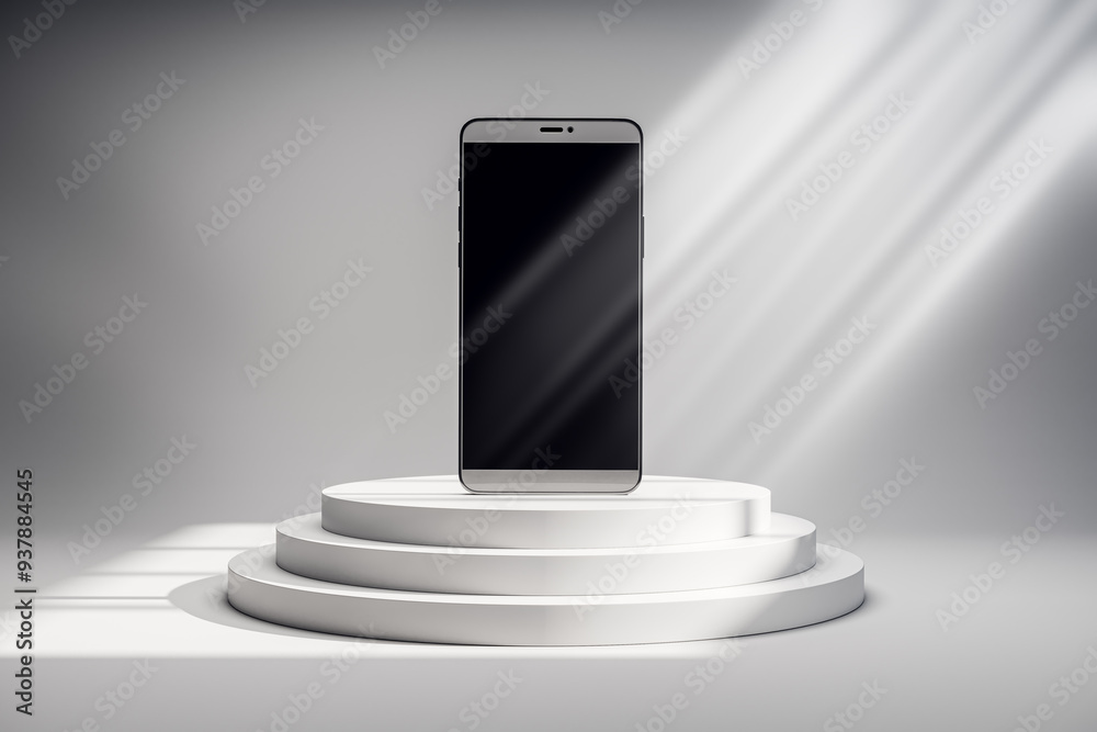 Poster Smartphone on a white circular podium with sunlight streaming in. 3D Rendering