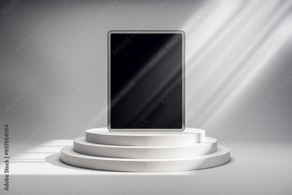 Poster digital tablet mockup on a round podium with sunlight beams on a grey background. 3d rendering