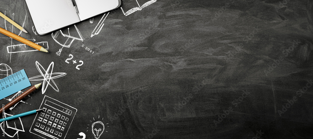 Poster back to school concept with chalkboard and stationery items on blackboard background. 3d rendering