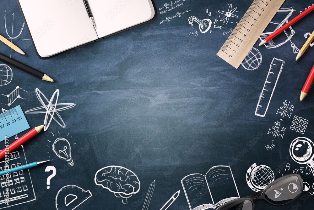 Poster back to school concept with chalkboard and educational doodles on black background. 3d rendering