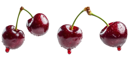 Suspended Cherries in Motion, Isolated on transparent background, PNG file