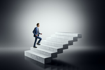 Businessman Climbing Steps Toward Success on Abstract Staircase in Gradient Background.
