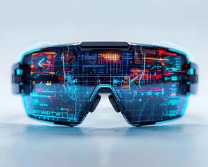 Cutting Edge Smart Glasses Displaying Futuristic Digital Elements on White Background