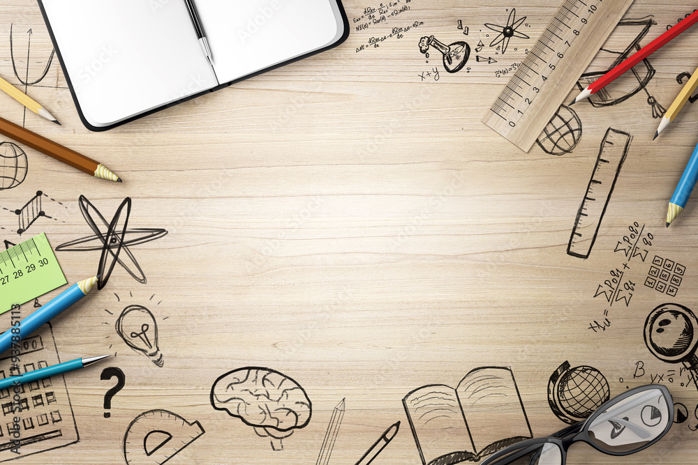 Poster back to school concept with sketch drawings and stationery on wooden desk. 3d rendering