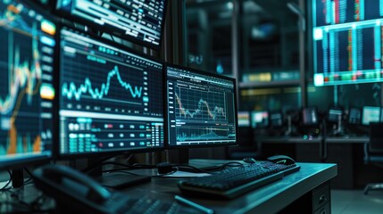 A desk setup with multiple computer monitors and a keyboard