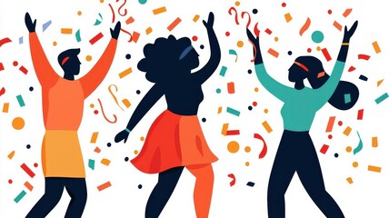 Vibrant illustration of three people dancing joyfully with colorful confetti, celebrating a festive atmosphere.