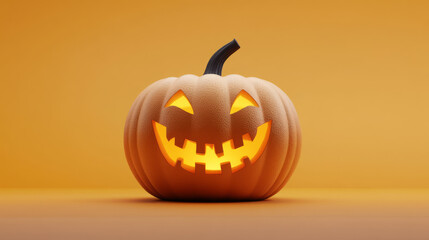 Jack-o'-lantern with a glowing sinister face on an orange  background with copy space. Halloween-themed illustration.