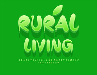 Vector ecologic badge Rural Living. Playful Green Font. Creative 3D Alphabet Letters and Numbers set.