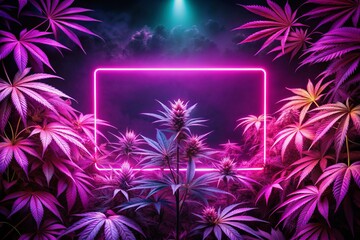 Vibrant pink neon lights illuminate purple cannabis plants against a dark background, with a banner featuring a hemp pattern and space for text, in a modern aesthetic.