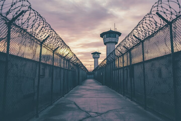 A prison yard surrounded by barbed wire fences and guard towers at sunset, depicting a high-security facility.

