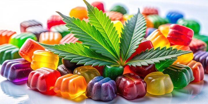 Colorful rainbow gummy candies infused with CBD oil, arranged artfully on a transparent background, highlighting the vibrant colors and juicy texture of the medical cannabis edibles.
