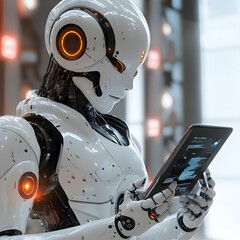 Fototapeta premium Futuristic Using Digital Interface on Cyberpunk Inspired Robotic Arm