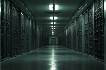 A dimly lit, empty prison corridor with rows of closed cell doors, capturing the stark and confined atmosphere of incarceration.

