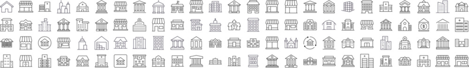 Various Houses and Constructions Line Icon Bundle. Modern Collection for Design, Web Sites, Apps, Cards. Contains Linear Images of Apartment Buildings, Banks, Stores, Hospitals