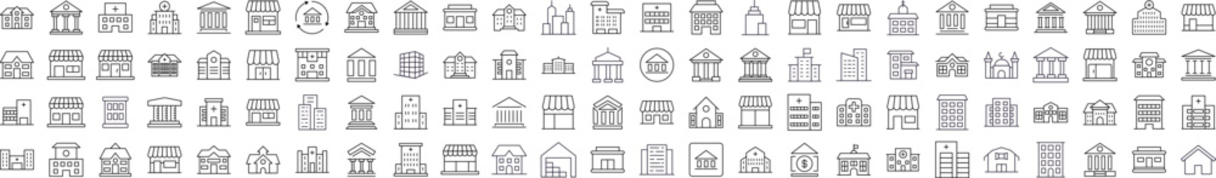 Apartment Buildings, Banks, Stores, Hospitals Outline Style Icons for Design, Cards, Apps, Social Networks