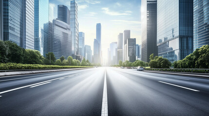 Fototapeta premium A high-speed highway stretches across the foreground, with a blank asphalt street ideal for car advertising, while the city skyline and modern skyscrapers rise in the background under bright sunlight.