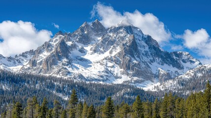 Naklejka premium Majestic Snow Capped Mountain Peak with Forest in the Foreground