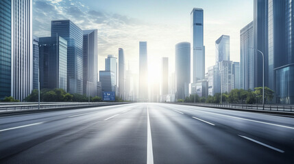 A high-speed highway stretches across the foreground, with a blank asphalt street ideal for car advertising, while the city skyline and modern skyscrapers rise in the background under bright sunlight.