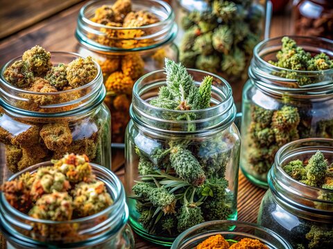 Vibrant medicinal buds of diverse cannabis strains fill glass jars, showcasing unique textures, colors, and shapes, highlighting their distinct medicinal properties and aromas.