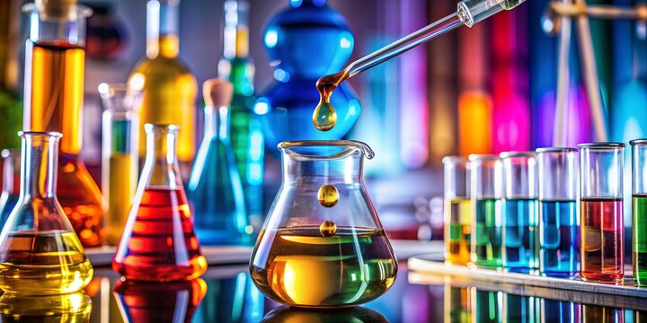 Colorful chemical reagents mixing in a laboratory beaker with a single oil droplet falling, surrounded by various scientific equipment and apparatus in the background.