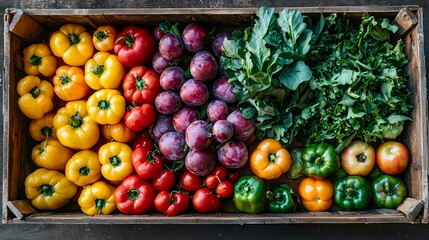 A vibrant assortment of fresh vegetables and fruits arranged in a wooden crate, showcasing natural colors and textures.