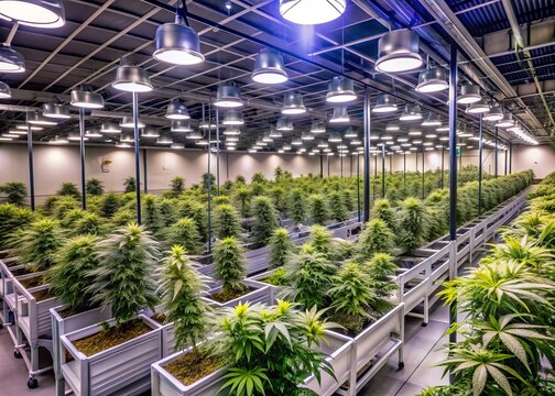 State-of-the-art cannabis cultivation facility with rows of meticulously trimmed plants under LED grow lights, advanced climate control systems, and sleek stainless steel equipment.