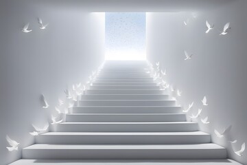 Obraz premium A staircase made of pure white light surrounded by soaring doves, AI Generated
