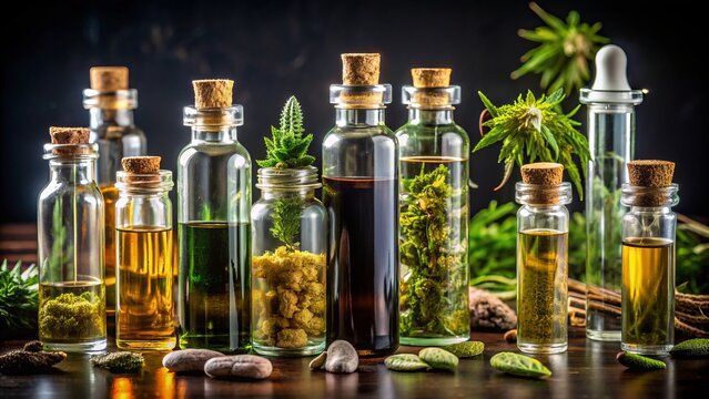 Assorted glass vials filled with various cannabis oils in different shades and textures, lit up against a dark background, showcasing diverse potency and strains.