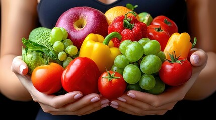 A vibrant assortment of fresh fruits and vegetables held in hands, showcasing nourishment and health benefits.