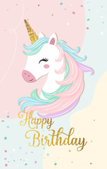 Happy birthday card with cute unicorn. Gentle unicorn Birthday template, greeting card, invitation