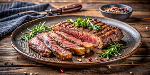 Sliced grilled rib eye steak cooked medium rare on a plate, rib eye, steak, grilled, sliced, medium rare, food, recipe, background