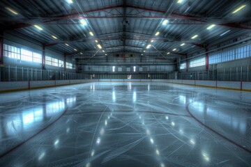 A well-lit hockey rink with many lights shining down, ideal for night games or events