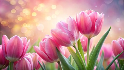 Obraz premium Blushing pink tulips in a soft, dreamy glow , tulips, pink, flowers, spring, pastel, soft, dreamy, petals, garden, beauty