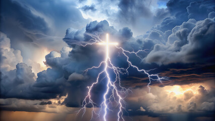 A brightly shining cross in the sky, against the backdrop of thunderclouds and flashes of lightning in the cloudy sky.