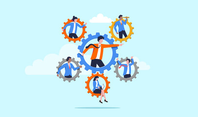 Teamwork or resource management, roles and responsibilities, work delegation, role definition or supervision, job position or organization concept, business man on gear cogwheels work with employees