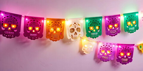 3D Glowing Pan de Muerto in Digital Abstract Patterns concept as A digital artwork showcasing a glowing pan de muerto surrounded by abstract patterns and light trails representing the fusion of tradit