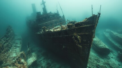 Fototapeta premium Sunken Shipwrecks in Deep Ocean Waters - Eerie, sunken shipwrecks lie undisturbed on the ocean floor, shrouded in deep, mysterious waters, evoking tales of the lost and forgotten.