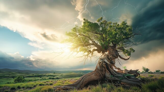 A lone, gnarled tree stands in a grassy field against a stormy sky with lightning. - Powered by Adobe
