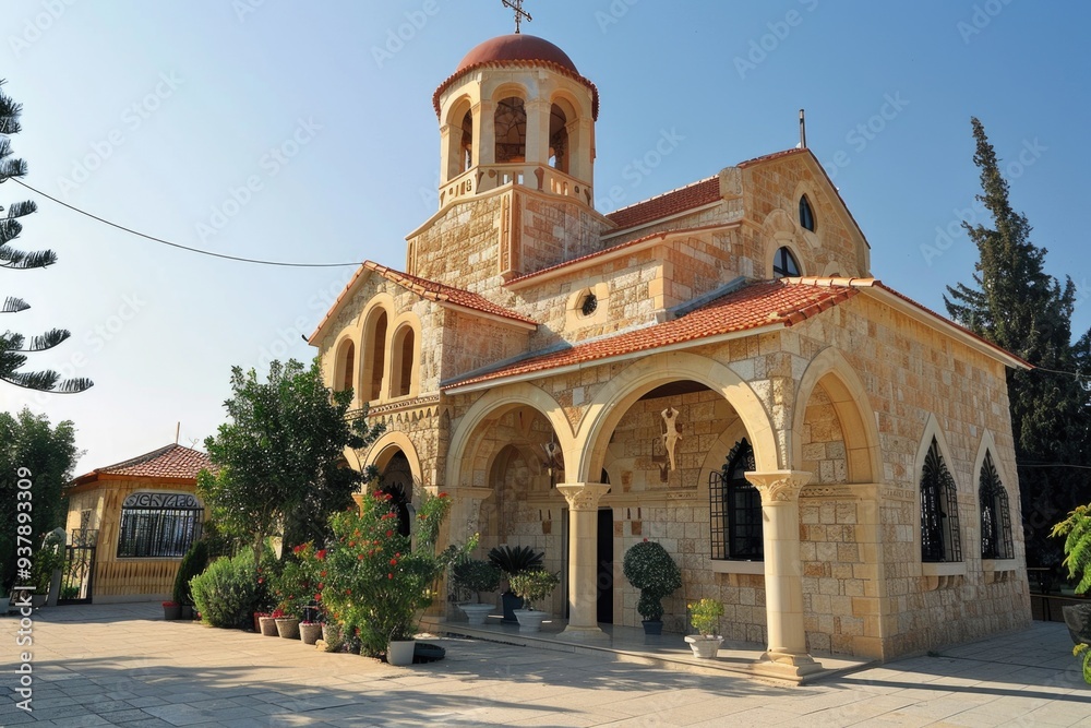 Poster a large stone building with a bright red roof, suitable for use in architectural or historical conte