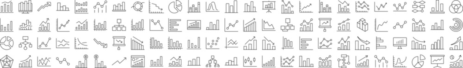 Pack of Line Icons of Progress Bar, Diagram, Statistics. Editable Stroke. Minimalistic Linear Pictogram for Design of Cards, Apps, Banners, Posts