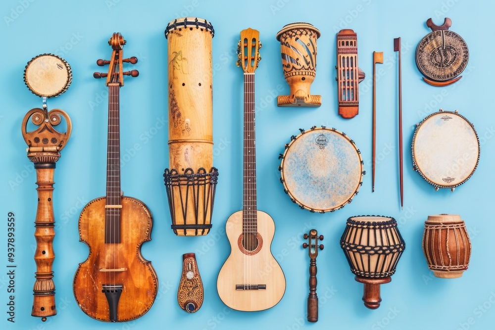 Poster a collection of various musical instruments on a blue background