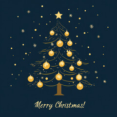 Fototapeta premium Stylized Christmas tree with golden ornaments and star on dark background, with 