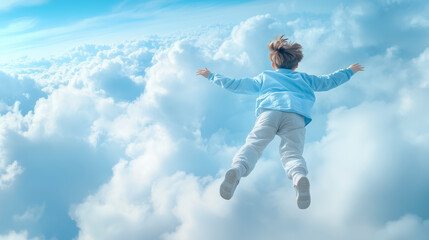 Obraz premium Child floating joyfully above fluffy clouds in daylight