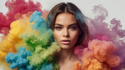 A woman is wearing a colorful outfit and is surrounded by smoke