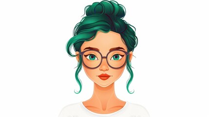Fun cartoon art of a joyful teen girl with bright turquoise hair and stylish glasses, ideal for digital projects.