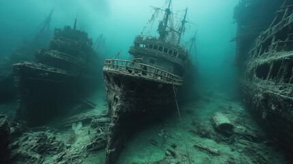 Sunken Shipwrecks in Deep Ocean Waters - Eerie, sunken shipwrecks lie undisturbed on the ocean floor, shrouded in deep, mysterious waters, evoking tales of the lost and forgotten.